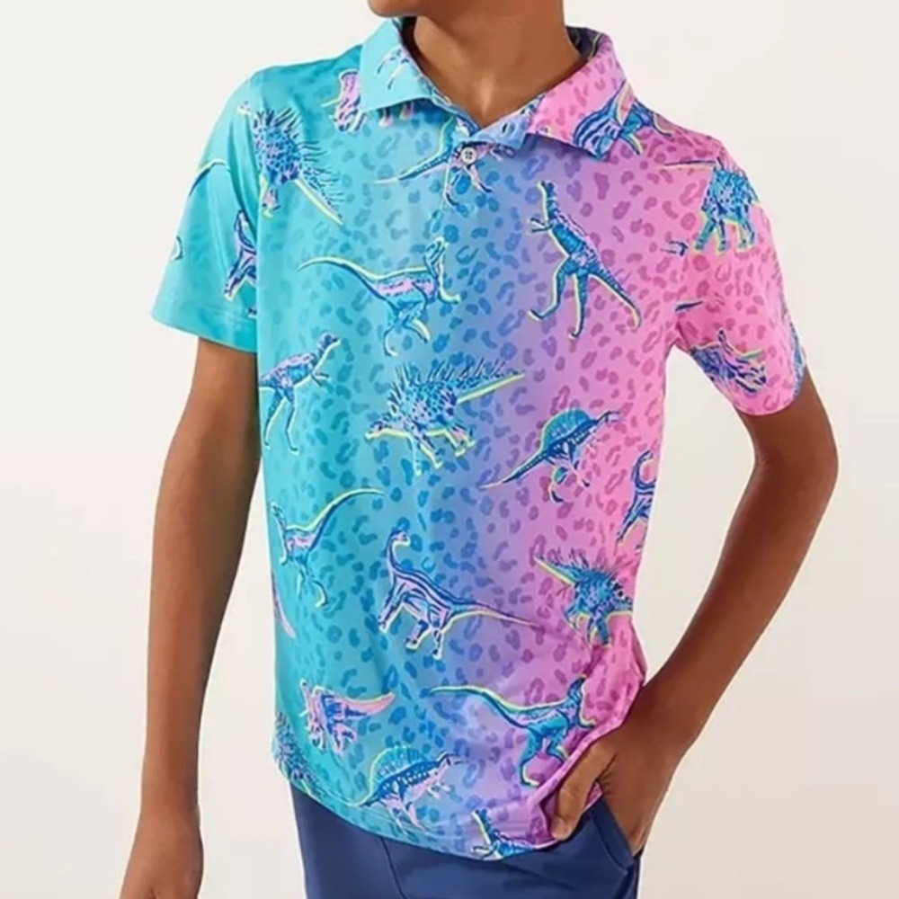 Chubbies Dino Delight Short Sleeve Performance Polo Shirt Turquoise Aqua Boys XL